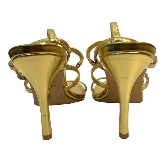 Larroude Serena Metallic Leather Strappy Sandals Heeled Open Toe Gold Size 7.5