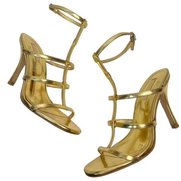 Larroude Serena Metallic Leather Strappy Sandals Heeled Open Toe Gold Size 7.5
