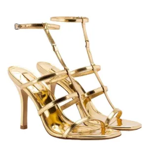 Larroude Serena Metallic Leather Strappy Sandals Heeled Open Toe Gold Size 7.5