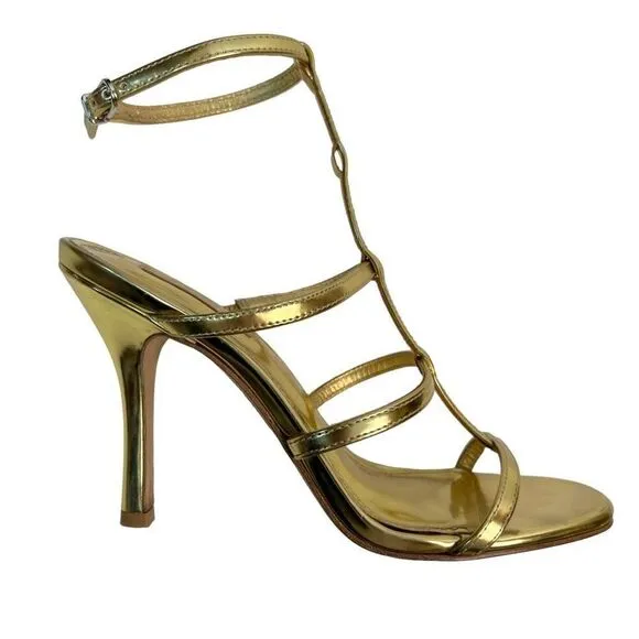 Larroude Serena Metallic Leather Strappy Sandals Heeled Open Toe Gold Size 7.5