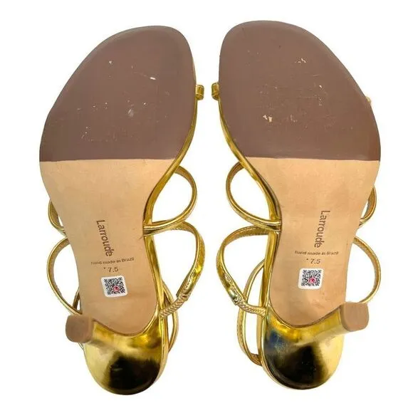 Larroude Serena Metallic Leather Strappy Sandals Heeled Open Toe Gold Size 7.5