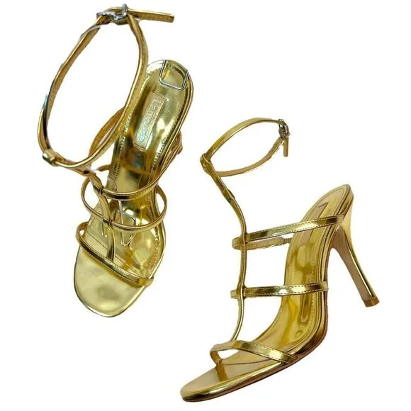 Larroude Serena Metallic Leather Strappy Sandals Heeled Open Toe Gold Size 7.5