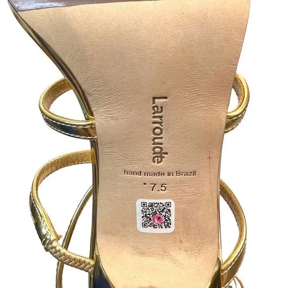 Larroude Serena Metallic Leather Strappy Sandals Heeled Open Toe Gold Size 7.5