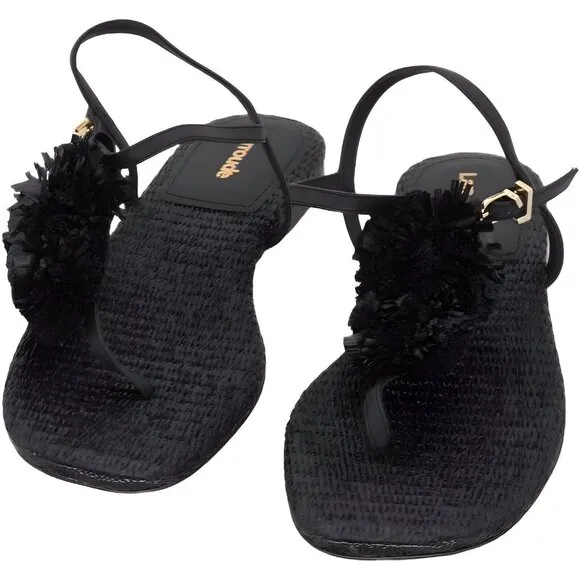 Larroude Womens Raffia Pom Pom Ankle Strappy Memory Foam Thong Marilyn Sz 6 B