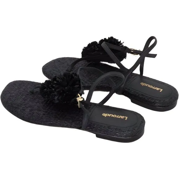 Larroude Womens Raffia Pom Pom Ankle Strappy Memory Foam Thong Marilyn Sz 6 B