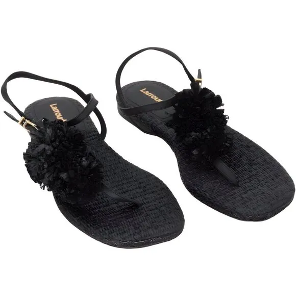 Larroude Womens Raffia Pom Pom Ankle Strappy Memory Foam Thong Marilyn Sz 6 B