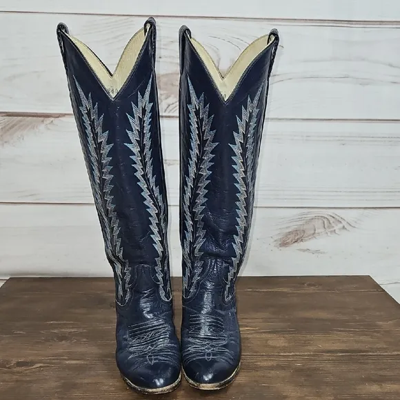 Larry Mahan Vintage Blue Heeled Cowboy Boots - Size 6B