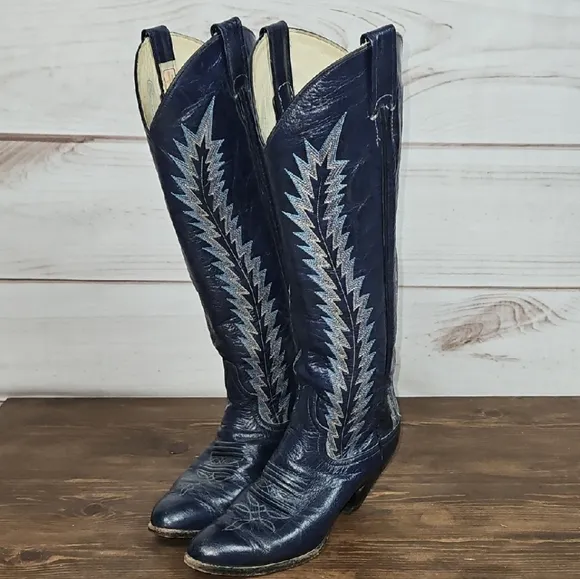 Larry Mahan Vintage Blue Heeled Cowboy Boots - Size 6B
