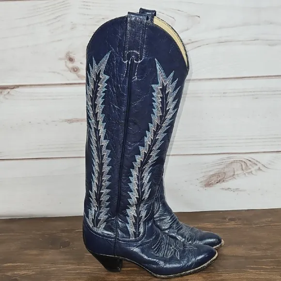 Larry Mahan Vintage Blue Heeled Cowboy Boots - Size 6B