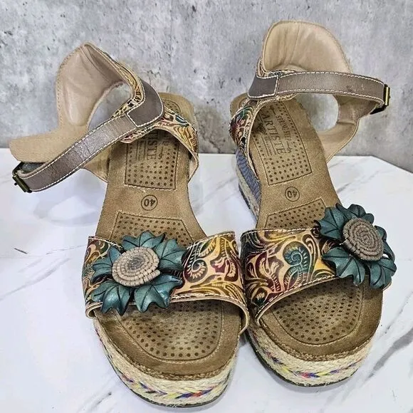 L'Artiste Spring Step EU40 Anne Marie Platform Wedge Sandals Leather Boho Floral
