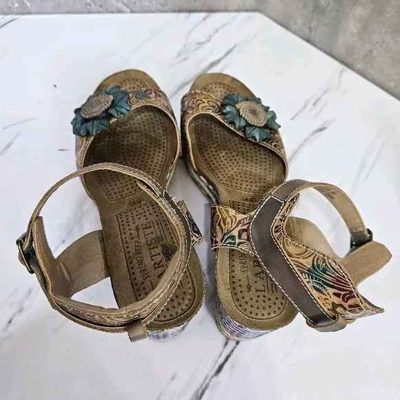 L'Artiste Spring Step EU40 Anne Marie Platform Wedge Sandals Leather Boho Floral