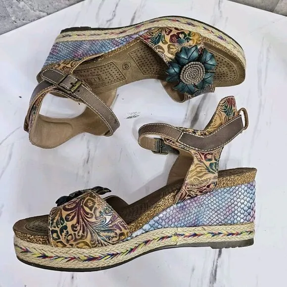 L'Artiste Spring Step EU40 Anne Marie Platform Wedge Sandals Leather Boho Floral