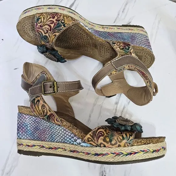 L'Artiste Spring Step EU40 Anne Marie Platform Wedge Sandals Leather Boho Floral