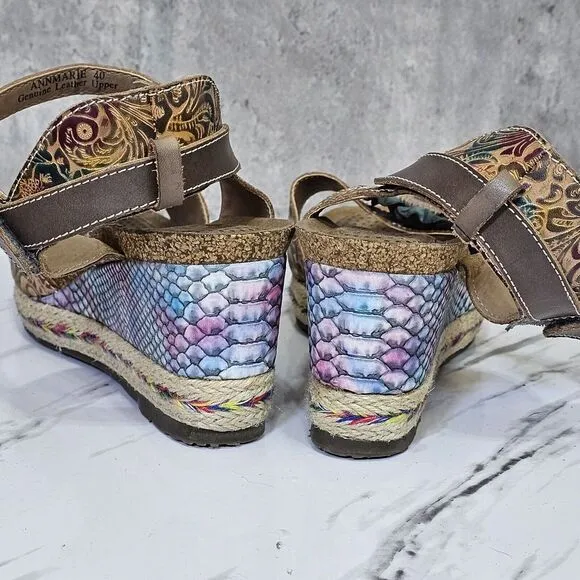 L'Artiste Spring Step EU40 Anne Marie Platform Wedge Sandals Leather Boho Floral