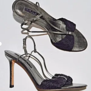 LAUNDRY SHELLI SEGAL 8.5 M BLACK METALLIC GRAY STRAPPY SANDALS 4&quot; STILETTO HEELS