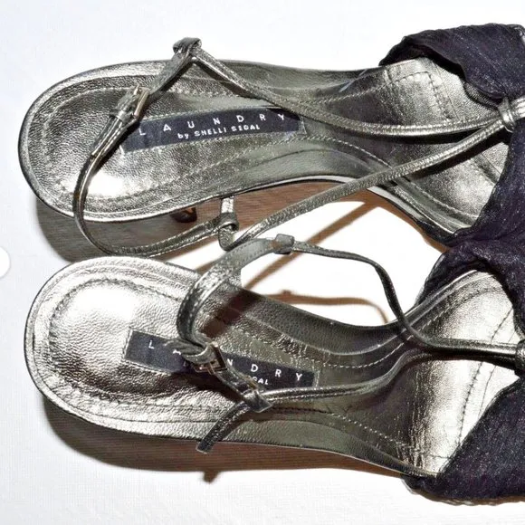 LAUNDRY SHELLI SEGAL 8.5 M BLACK METALLIC GRAY STRAPPY SANDALS 4&quot; STILETTO HEELS