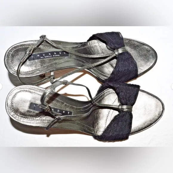 LAUNDRY SHELLI SEGAL 8.5 M BLACK METALLIC GRAY STRAPPY SANDALS 4&quot; STILETTO HEELS