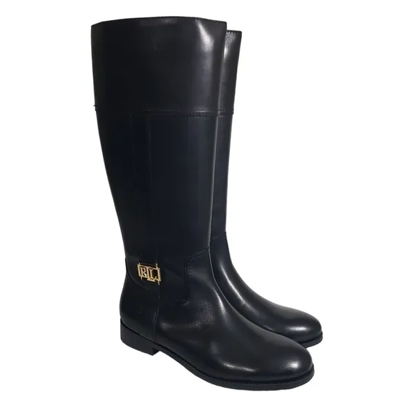 Lauren Ralph Lauren Berdie Black 100% Leather Riding Boots Sz 5.5B, 10B