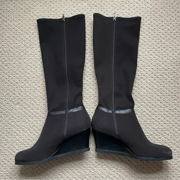 LAUREN Ralph Lauren Chic Black Buckle Wedge Knee-High Stretch Sock Boots 9