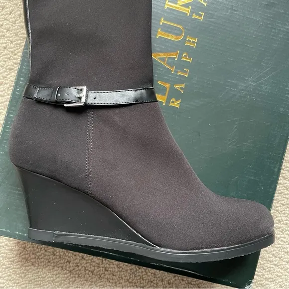 LAUREN Ralph Lauren Chic Black Buckle Wedge Knee-High Stretch Sock Boots 9