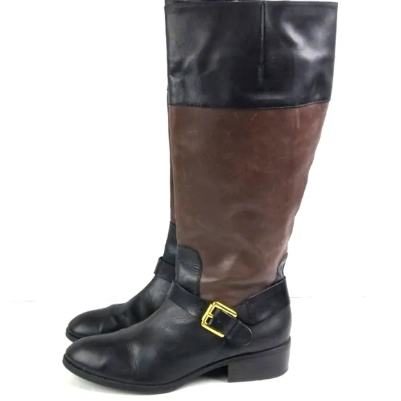 Lauren Ralph Lauren Melanie Leather Two Toned Black Brown Knee High Riding Boot