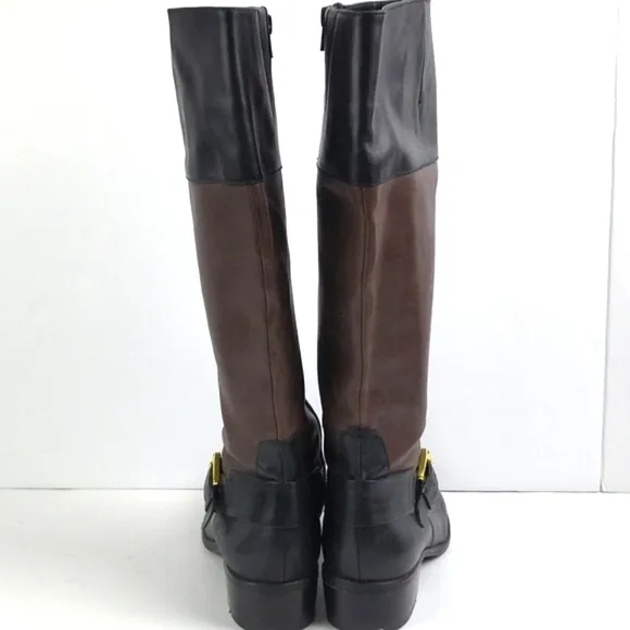 Lauren Ralph Lauren Melanie Leather Two Toned Black Brown Knee High Riding Boot