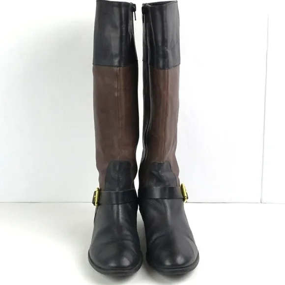 Lauren Ralph Lauren Melanie Leather Two Toned Black Brown Knee High Riding Boot
