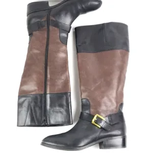 Lauren Ralph Lauren Melanie Leather Two Toned Black Brown Knee High Riding Boot