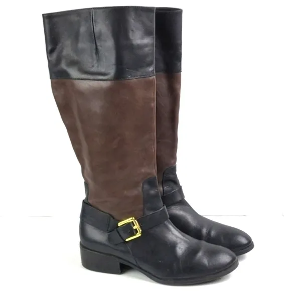Lauren Ralph Lauren Melanie Leather Two Toned Black Brown Knee High Riding Boot