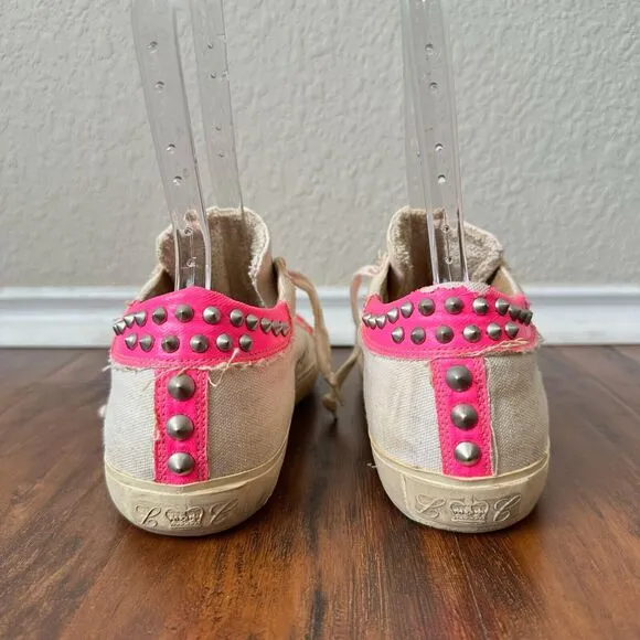 LEATHER CROWN Studlight Low-Top Sneakers White Canvas w Pink Faux Leather