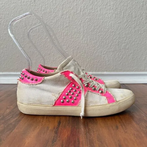 LEATHER CROWN Studlight Low-Top Sneakers White Canvas w Pink Faux Leather