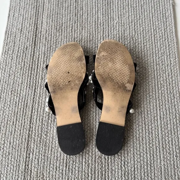 LEITH Black Velvet and Pearl Triple Strap Slide Sandals Size 6.5