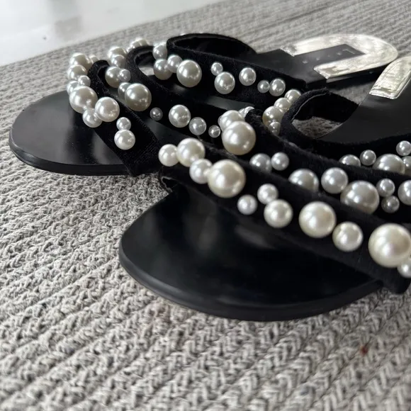 LEITH Black Velvet and Pearl Triple Strap Slide Sandals Size 6.5