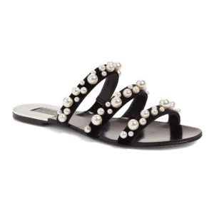 LEITH Black Velvet and Pearl Triple Strap Slide Sandals Size 6.5