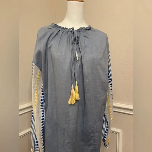 LemLem Mwali Poet Dress by Liya Kebede Chambray w/woven Long Sleeve Midi - Small