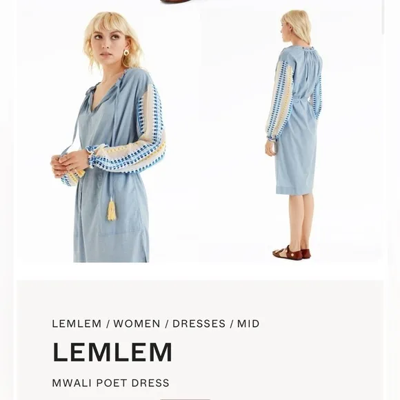 LemLem Mwali Poet Dress by Liya Kebede Chambray w/woven Long Sleeve Midi - Small
