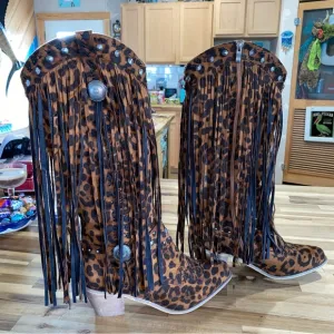 Leopard Print Fringe with concho detailing Western Boots L&amp;B brand size 11