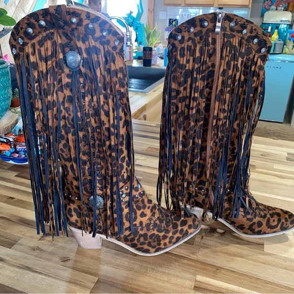 Leopard Print Fringe with concho detailing Western Boots L&amp;B brand size 11