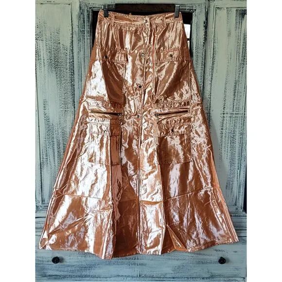 Let Me Be Metallic Cargo Maxi Skirt - New XS