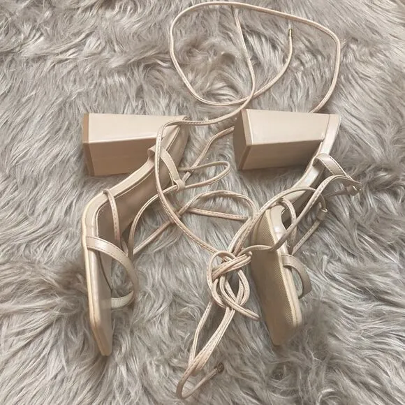 Lhamo Latso Lace Up Strappy Nude Block High Heels Square Open Toe Chunky Sandal