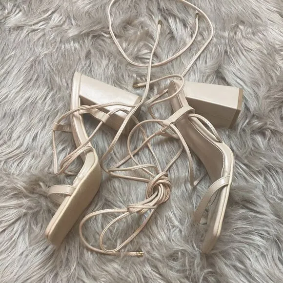 Lhamo Latso Lace Up Strappy Nude Block High Heels Square Open Toe Chunky Sandal