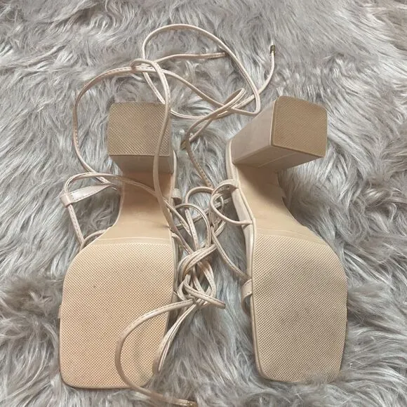 Lhamo Latso Lace Up Strappy Nude Block High Heels Square Open Toe Chunky Sandal