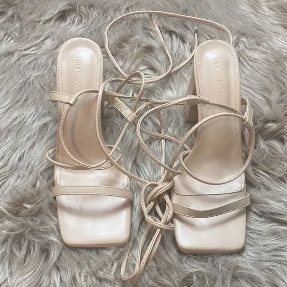 Lhamo Latso Lace Up Strappy Nude Block High Heels Square Open Toe Chunky Sandal