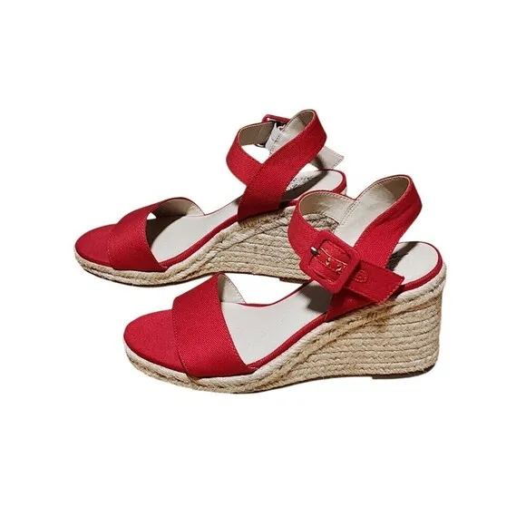 LifeStride Tango Wedge Heel Sandals Memory Foam  Red Canvas, Women Size 7M