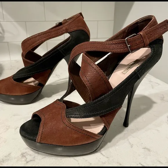 Like New Miu Miu Black &amp; Brown Platform Sandals Size 41