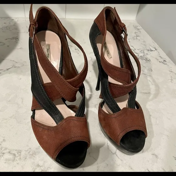 Like New Miu Miu Black &amp; Brown Platform Sandals Size 41