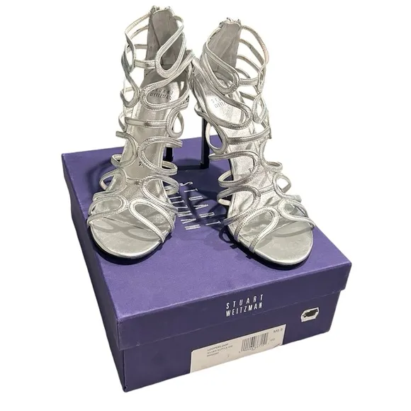 LIKE NEW Stuart Weitzman Silver Strappy Leather 4.25” Heeled Sandals Size 9.5