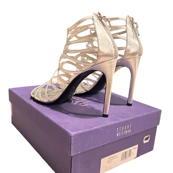 LIKE NEW Stuart Weitzman Silver Strappy Leather 4.25” Heeled Sandals Size 9.5