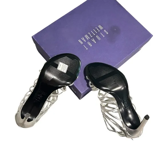 LIKE NEW Stuart Weitzman Silver Strappy Leather 4.25” Heeled Sandals Size 9.5