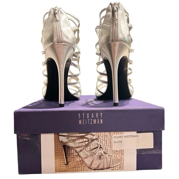 LIKE NEW Stuart Weitzman Silver Strappy Leather 4.25” Heeled Sandals Size 9.5